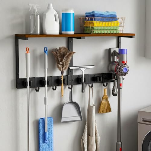 Novabright Heavy Duty Broom Holder Wall Mount with Cleaning Supplies Organizer, 27 Inch Laundry Room Shelf Broom and Mop Organizer Wall Hanging with Mop Hanger, Vacuum Grip Hooks, for Home Garage
