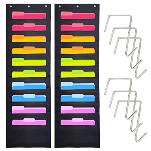 Hippo Creation Heavy Duty Storage Pocket Chart for Classroom, 10 Pocket Storage Organizer with 6 Over-Door Hangers, Hanging Wall Organizer for File Folders, School Mailbox, Home Office Papers - Black - color: Black - 2 Pack (10 Pockets)