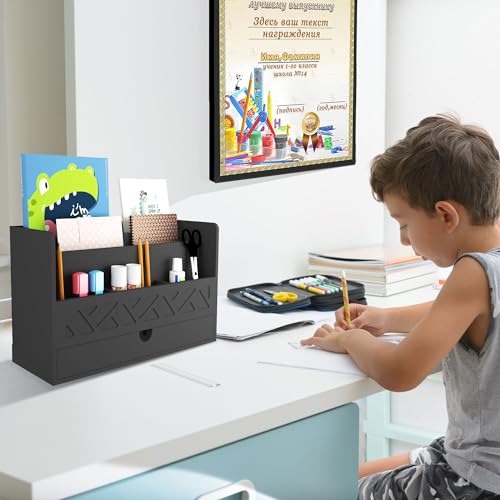Bamboo Mail Organizer Countertop Desktop with Drawer - Desk Organizer with File Organizer for Office Supplies All-in-One Desk File Organization with Pencil Holder for Paper Letter Envelope Bill - color: 1 Black