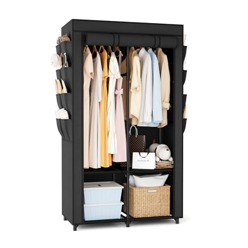 Portable Closet for Hanging Clothes, Portable Wardrobe Closet with Cover, 4 Storage Shelves, 2 Hanging Rods and 8 Side Pockets, Easy Assembly and Sturdy Free Standing Closet for Bedroom, Black - color: Black