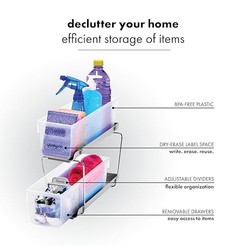 Madesmart 2-Tier Plastic Mini Multipurpose Organizer with Divided Slide-Out Storage Bins, Compact Under Sink and Cabinet Organizer Rack, Frost