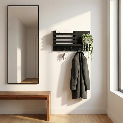 Wall Key and Mail Holder, Mail Organizer with 5 Metal Key Hooks, Selected Tung Wood, 11.8 x 6.7 inches, Includes mounting Hardware (Black) - color: Black