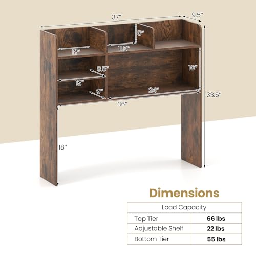 Tangkula Desktop Bookshelf for Computer Up to 32”, 37” Countertop Storage Hutch with 6 Storage Shelves, 3-Tier Desktop Organizer Display Rack, Wooden Desk Hutch for Dorm Home Office (Rustic Brown) - color: Rustic Brown, size: 6 Shelves