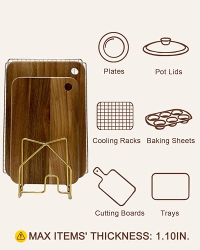 Pot Lid Organizer Cutting Board Holder Inside Cabinet 304 Stainless Steel Pot and Pan Organizer Under Cabinet Cover Cookie Sheet Bakeware Serving Tray Cooling Rack Stand Kitchen Countertop Matte Gold - color: 1 Pack Matte Gold