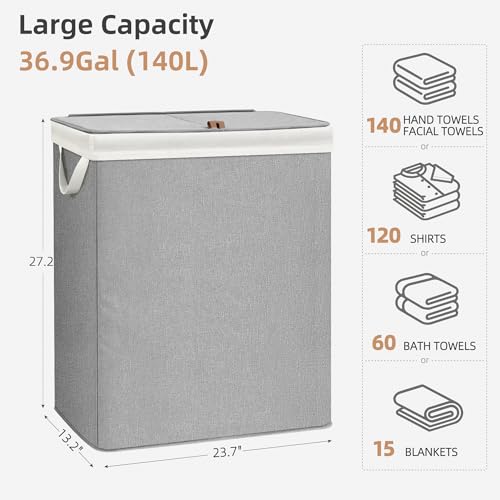 STORAGE MANIAC Double Laundry Hamper with Lid, 140L Tall Metal Frame Laundry Baskets with Removeable Bag, Large Clothes Hamper with PU Tag, Laundry Bin for Dorm, Collage, Bathroom, Bedroom, Gray - size: 2 Section