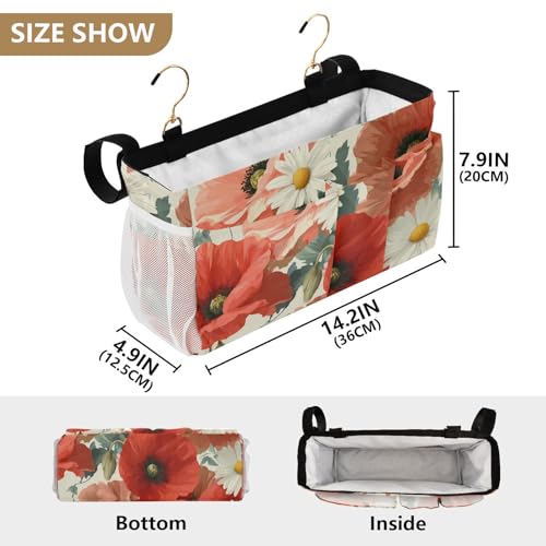 Bedside Caddy Metal Frame Hanging Organizer Bunk Bed Dorm Accessories Hook And Loop Storage Bag Large Pockets Beige Poppy Chamomile - color: Beige Poppy Chamomile