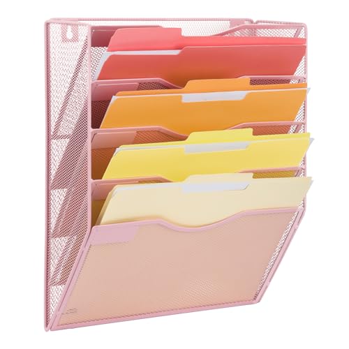 EASEPRES 5 Pocket Mesh Hanging Wall File Organizer, Wall Mounted Mail Paper Document Folder Holder, Clipboard Storage Organization Magazine Rack with Nametag Label for Office Home School, Pink - color: Pink, size: 5 Tier