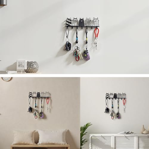 Key Holder Wall Mounted with Screws and Anchors, Black Multifunctional Key Hanger with 7 Hooks, Entryway Front Door Kitchen Hallway Garage Office - color: 5 Cats Black