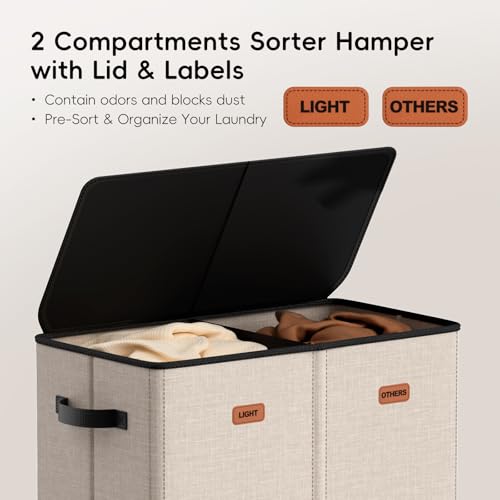 150L Double Laundry Hamper With Lid, Large Clothes Hampers with Removable Bag, Laundry Hamper 2 Section for Bathroom, Bedroom, Laundry Room, Dorm - color: Beige, size: 150L - 2 Section