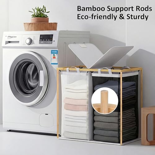 efluky Laundry Hamper with Lid, Double Laundry Hamper with 2 Removable Bags, 2 Section Laundry Basket with Bamboo Handles for Bathroom, Bedroom & Laundry Room, 140L (36.9 Gallon) Light Grey - color: Light Grey, size: 140L Dual