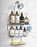 Shower Caddy Hanging - Never Rust Shower Hanging Organizer - Aluminum Over the ShowerHead Caddy with Soap Basket and 6 Hooks for Razor/Sponge (Frosted Silver) - color: Shiny Silver