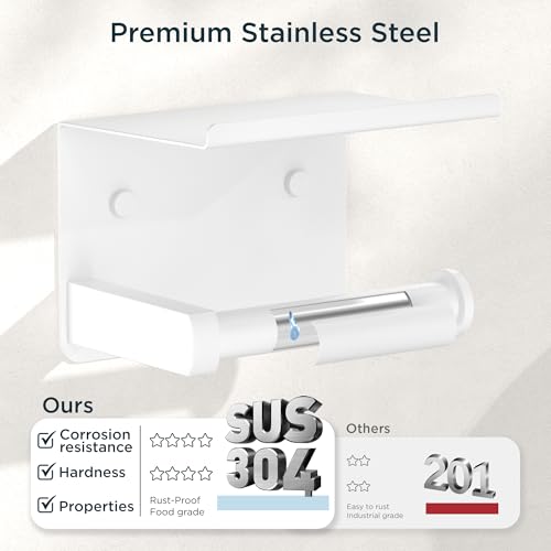 FORIOUS Toilet Paper Holder with Shelf, Adhesive or Screw Wall Mount Toilet Paper Roll Holder for Bathroom, Rustproof 304 Stainless Steel Toilet Roll Tissue Holder Dispenser with Shelf (1, White) - color: White
