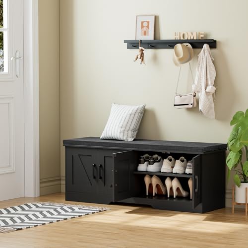 HOMSHO 2-Tier Storage Bench, 47.2" Wide Shoe Bench with Padded Seat Cushion, Entryway Bench with 4 Barn Doors and Adjustable Shelf, Black - color: Black, size: 47.2" Wide