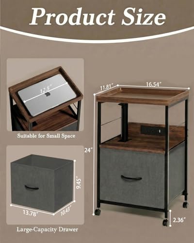 Swivel Lift Top Nightstand with Charging Station, Vacuum Forming Rolling Side Table for Recliner, Bedside Table with Wheels & a Fabric Drawer, for Small Spaces, for Bedroom, Living Room, Walnut Gray - color: Walnut Gray, size: 1 Drawer (Vac-Form)