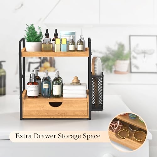 LEMIKKLE Bathroom Counter Organizer with Drawer and Basket,Wood Countertop Organizer for Bathroom Decor Makeup Tray for Perfume Skincare Bedroom Kitchen Corner - color: Light Brown With Drawer