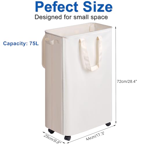 Vincona Slim Laundry Hamper with Lid and Wheels, Small Rolling Laundry Basket with Handle for Small Spaces, Tall Dirty Clothes Hampers for Dorm, Bathroom and Bedroom, 75L, Beige - color: Beige, size: 75L