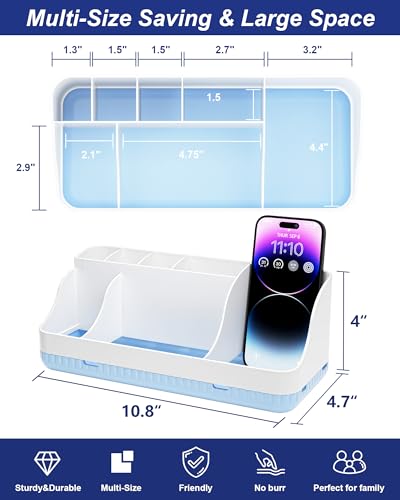 Bathroom Counter Organizer and Storage, 7 Slots Detachable Toothbrush Holders for Bathrooms, Anti-Slip Electric Toothbrush and Toothpaste Holder Countertop Vanity Organizer Accessories for Adults Kids - color: White Blue