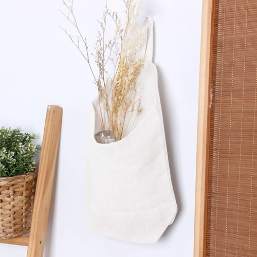 100% Linen Hanging Storage Bags Baskets 2 Pcs, Small Wall Storage Bag for Kitchen, Bedroom, RV Camper Organizer, Sewing Room, Nursery Storage, Kids Room (White) - color: White
