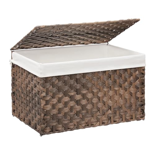 Wicker Storage Basket with Lid, 42.3 Gallon (160L) Large Blanket Basket with Lid, Woven Storage Bin with Handles, Removable Liner, Metal Frame, Foldable, for Bedroom, Laundry Room, Brown - color: Brown, size: 160L:17.7 x 29.9 x 18.1 Inches