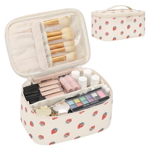 OCHEAL Makeup Bag,Travel Makeup Organizer Bag, Large Capacity Cosmetic Bags For Women Large Travel Toiletry Bag Girls Traveling With Brush Slot And Divider-PU Strawberry - color: 0020_Strawberry, size: Medium