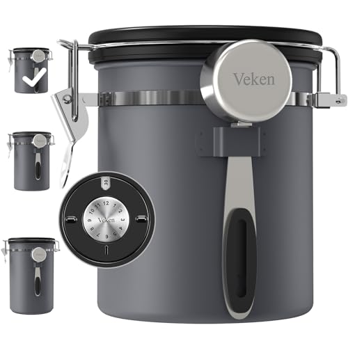 Veken Coffee Canister, Airtight Stainless Steel Kitchen Food Storage Container with Date Tracker and Scoop for Beans, Grounds, Tea, Flour, Cereal, Sugar, 16OZ, Gray - color: Gray, size: 16 oz
