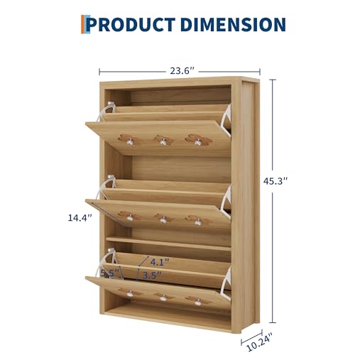 GarveeHome Shoe Storage Cabinet with 3 Flip Drawers, Narrow Wood Shoe Organizer Cabinet with Floral Pattern, Freestanding Slim Shoe Rack Cabinet with Adjustable Shelves, for Entryway, Hallway, Natural - color: Natural Wood Color, size: 3-Drawers