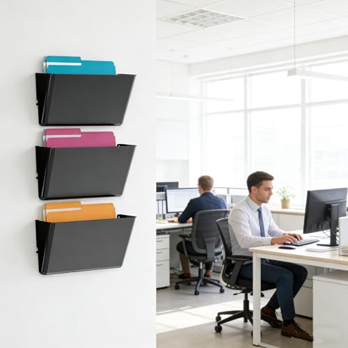 MINDEPOT 3 Pockets Acrylic Wall File Organizer, Clear Wall File Holder, Plastic Hanging Wall File Holder for Office, School and Home, Black - color: Black, size: 3Pack
