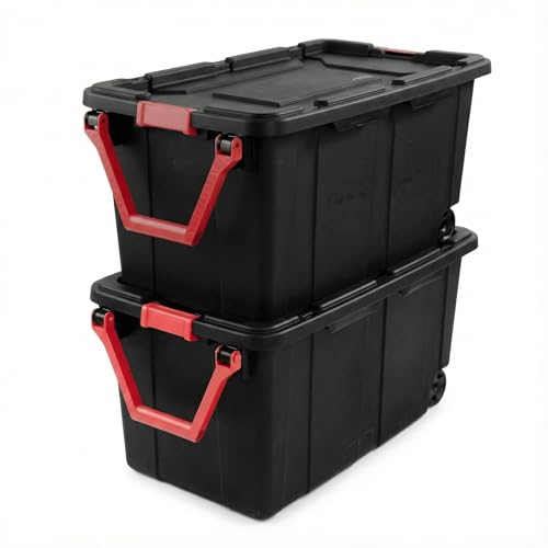40 Gallon Wheeled Storage Tote with Lid – Heavy Duty Rolling Storage Bin with Ergonomic Handle & Secure Latches – Large Plastic Stackable Container for Garage Basement Workshop (Black) - size: Black
