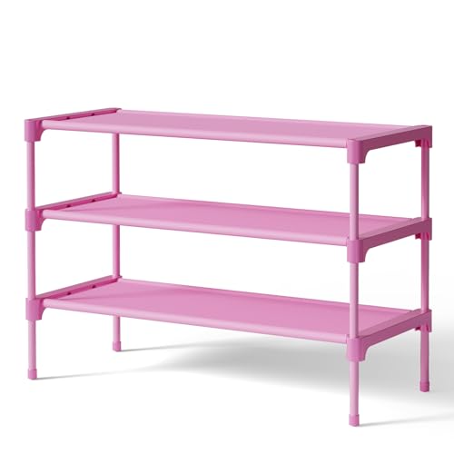 Kitsure Shoe Rack - Non-Woven Shoe Rack Shelf, Shoe Organizer for Closet, Entryway, Garage & Corridor, Stackable Shoe Shelves, 27.5" Wide - 3 Tier, Pink - color: Pink, size: 27.5" Wide - 3 Tier