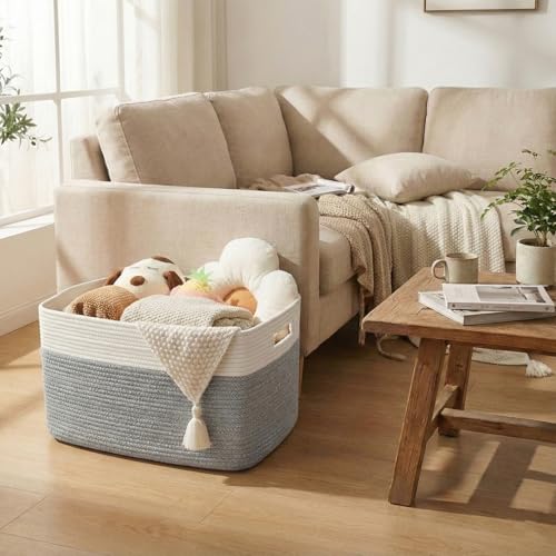 JMvicyroam Woven Blanket Basket,96L Large Storage Bin for Blankets Toys Clothes,Decorative Rope Basket for Living Room Bedroom with Handles, White&Grey - color: White&Grey, size: 96L