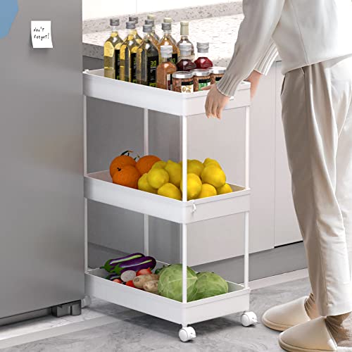 SPACELEAD 3 Tier Rolling Cart with Wheels, Storage Craft Art Trolley Organizer Serving, 3 Hanging Baskets Easy Assembly, for Office, Bathroom，Living Room, Kitchen, White - color: White