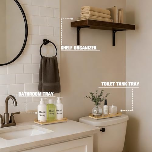 Bathroom Vanity Tray for Countertop, 12" x 6" Oak Wood Toilet Tank Tray with Metal Guardrail, Bathroom Organizer for Soap, Perfume & Skincare, Non-Slip Decorative Tray for Dresser, Gold & Natural Oak - color: Natural, size: 12" x 6" x 1.5"