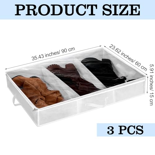 SATINIOR 3 Pcs 3 Section Under Bed Shoe Storage Boot Bag White Underbed Shoe Organizer with Large Clear Pockets Fabric for Storage Men's and Woman's Boots - color: White