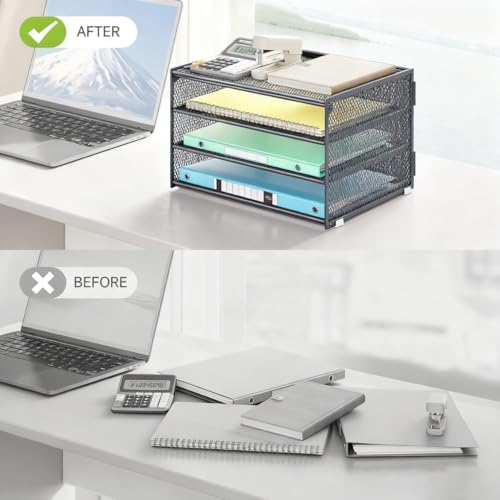 Lavatino 3-Tier Letter Tray Desk Organizer – Grey Mesh Metal Paper File Tray Organizer for Desk, Office Supplies & Home Organization | Fits A4/Letter Paper, Mail, Magazines and Office Accessories - color: 4-tier No Handle - Grey