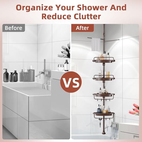 XLHOMO 32-122inch Corner Shower Caddy Tension Pole Brown, Rustproof Drill-Free Shower Shelves for Bathroom Bathtub Washbasin, Adjustable Shower Organizer with 4 Tier Patent Stable Shelves & Towel Bars - color: Brown