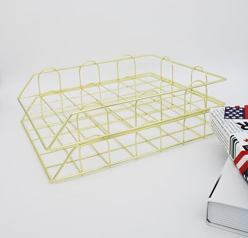 JIARI 2 Pack Desk Organizer Stackable Letter Tray Paper Organizer, Metal Desk Organizer Tray for Letter/A4 Paper Storage, for Office Supplies (Gold 2 Pack) - color: Gold 2 Pack