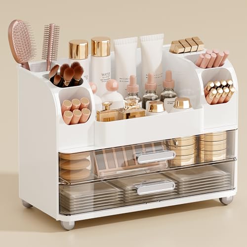 Makeup Organizer for Vanity with 2 Large Drawers, Cosmetic Display Case with Brush Holders, Easy to Storage for Bathroom Countertop Skincare, Perfume, White - color: White