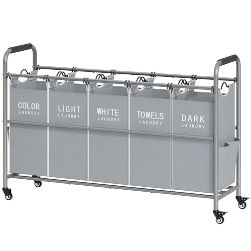 Tajsoon 5 Bag Laundry Sorter Cart, Laundry Hamper Sorter Basket with Heavy Duty Lockable Rolling Wheels for Clothes Storage, Grey & White - color: Grey & White