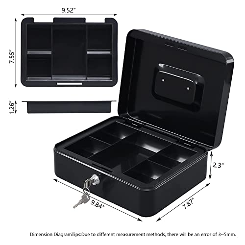 KYODOLED Large Cash Box with Removable Money Tray, Key Lock Metal Storage Box with 2 Keys & Portable Handle, Safe Cash Drawer, 9.84"x 7.87"x 3.54", Black Large - color: Black, size: Large
