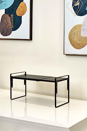 Nxconsu Cabinet Shelf Expandable Height Adjustable Shelf Organizer Riser for Kitchen Cabinet Pantry Cupboard Under Sink Countertop Organization Storage Space Saver Stackable Heavy Duty Metal Black XXL - color: Black, size: 12’’D * 13.8-24.8’’W * 9.7’’H
