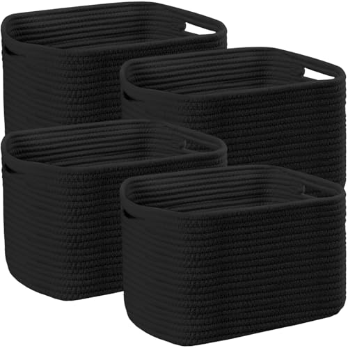4 Pack Storage Baskets for Organizing, 12''Lx9''Wx8''H Woven Baskets for Storage Toys, Towels, Books, and Clothes, Cotton Rope Basket for Shelves with Handle - color: Black
