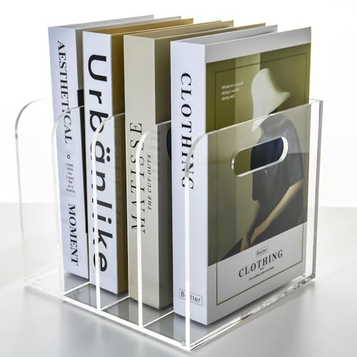 Acrylic File Holder for Desk - 4 Slot Vertical Magazine Organizer & Bookend - Clear Document Sorter Rack for Folders, Binders, Notebooks & Reports - Non-Slip Office Desktop Storage Sorter - size: A4, 4 Sections