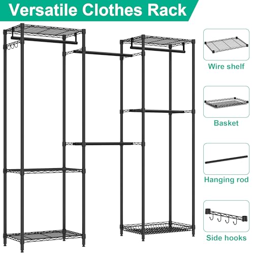 Folews Freestanding Closet System, Large Free Standing Closet Rack Organizer for Hanging Clothes Adjustable Metal Wire Clothing Rack with 5 Shelves & 5 Rods, Black - size: 15.3"D x 69.3"W x 70.8"H