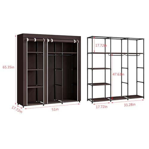 SORCEDAS Portable Wardrobe Closet Storage Organizer Metal Hanging Rack Non-Woven Fabric (Coffee, 51 Inch) - color: Coffee, size: 51 Inch