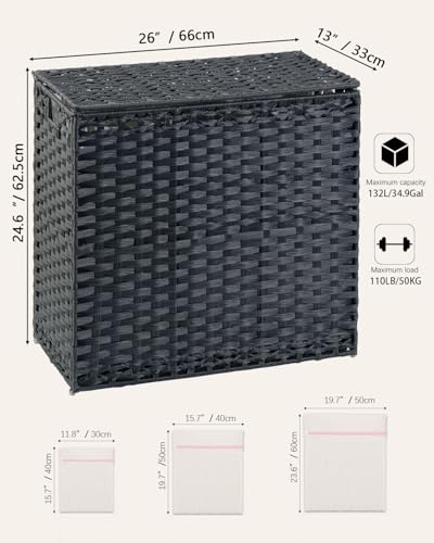 SETVSON Laundry Hamper with Lid Laundry Basket 132 L (35 Gal) Wicker Clothes Hamper, Handwoven Rattan Hamper with Handles and 4 Removable Liner Bags, 6 Mesh Bags for Laundry Bedroom Black - color: Black, size: 35.0 Gal