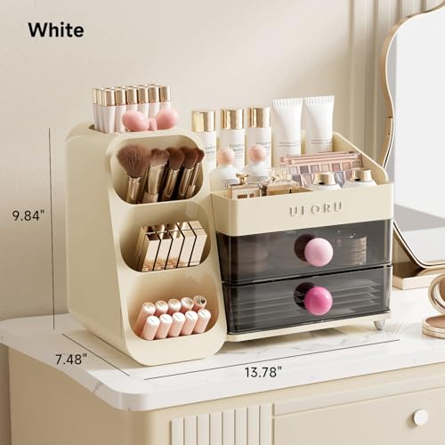 Makeup Organizer for Vanity with Brush Holder, Large Plastic Bathroom Countertop Skincare Organizer with 2 Drawers, Spacious Cosmetic Display Case for Perfumes, Eyeshadow Palettes, Nail Polishes - color: Cream White&Pink, size: Large