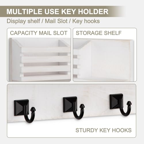 Key Holder Wall Mount, Mail Organizer for Wall with 5 Square Rustic Key Hooks Key Shelf Farmhouse Home Decor for Entryway - color: Whitewash