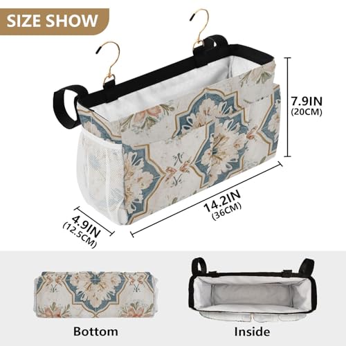 Bedside Caddy Metal Frame Hanging Organizer Bunk Bed Dorm Accessories Hook And Loop Storage Bag Large Pockets Beige Rose Talavera Style - color: Beige Rose Talavera Style