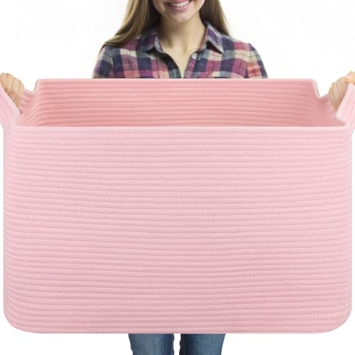 OIASKET 95L Extra Large Blanket Basket, 24" x 16.9" x 14.2" Woven Storage Basket for Living Room, Rectangle Nursery Blanket Storage for Toys, Towels, Dirty Clothes (Pink) - color: Pink, size: 24"x16.9"x14.2"