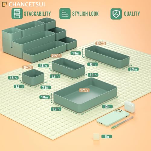 CHANCETSUI 9 Pcs Stackable Drawer Organizer Trays Set, Green, Multifunctional Storage for Vanity, Bathroom, Kitchen, Desk Drawer Organizer Office, PET Plastic - color: 9-4Green